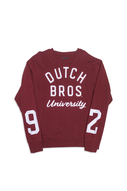 dutch bros university crewneck long sleeve sweater with 9 on the left and 2 on the right sleeves. in maroon
