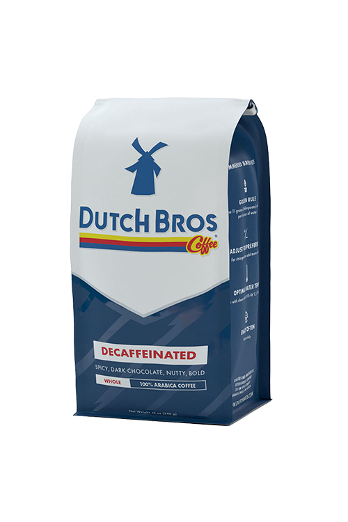 A bag of Dutch Bros. Decaffeinated coffee on a plain white background.