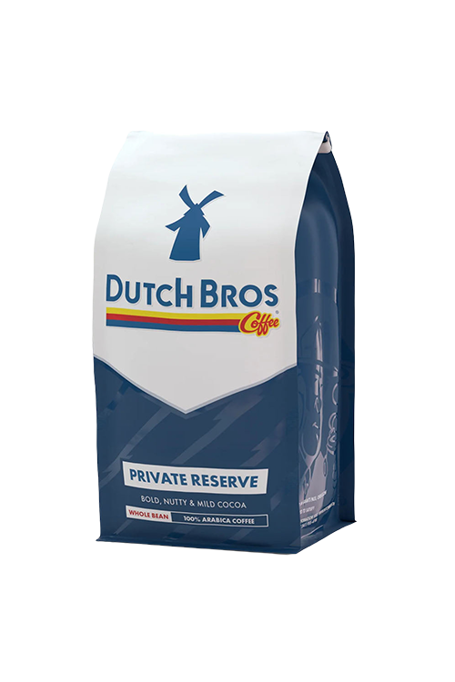 A bag of Dutch Bros. Coffee Private Reserve whole bean coffee on a plain white background.