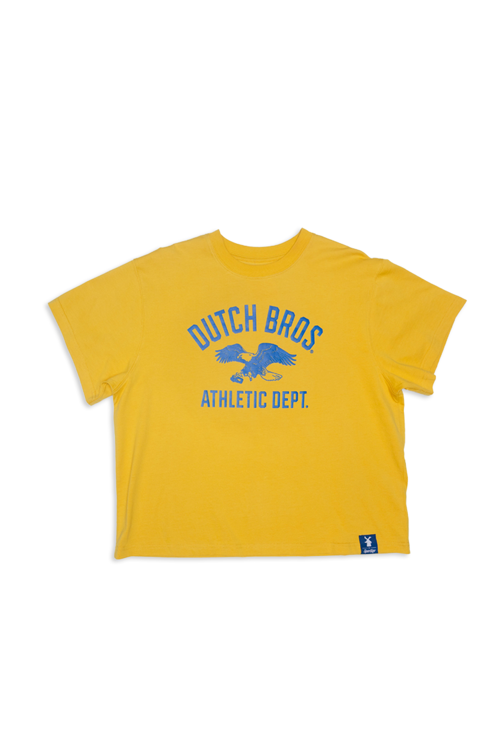 A yellow short-sleeve t-shirt with a blue graphic on the front reading 'DUTCH BROS ATHLETIC DEPT.' and featuring a blue eagle design, displayed flat against a white background.