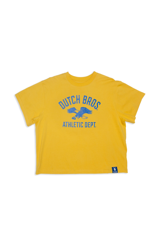 A yellow short-sleeve t-shirt with a blue graphic on the front reading 'DUTCH BROS ATHLETIC DEPT.' and featuring a blue eagle design, displayed flat against a white background.