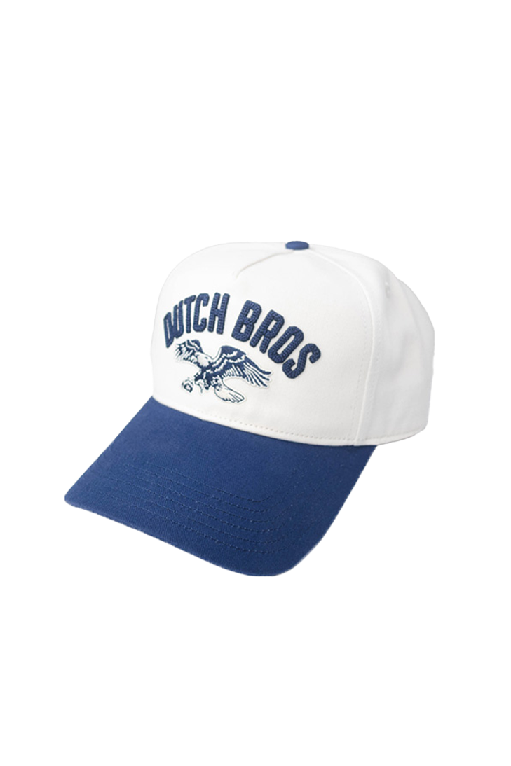 A white and navy blue baseball cap featuring the text 'DUTCH BROS' and a duck logo embroidered on the front, set against a plain white background.