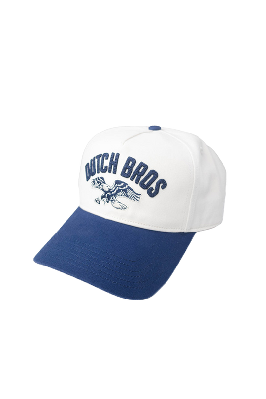 A white and navy blue baseball cap featuring the text 'DUTCH BROS' and a duck logo embroidered on the front, set against a plain white background.