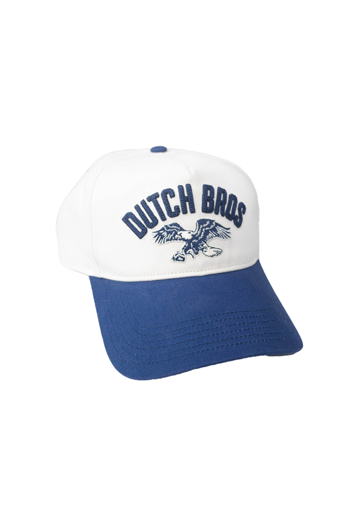 A two-tone baseball cap with a white crown and a blue visor, featuring 'DUTCH BROS' and a eagle logo embroidered in blue on the front.