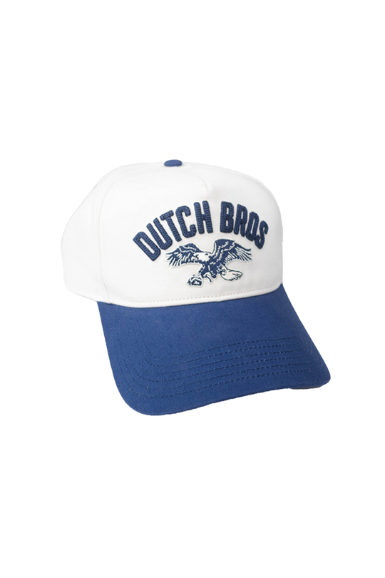 A two-tone baseball cap with a white crown and a blue visor, featuring 'DUTCH BROS' and a eagle logo embroidered in blue on the front.