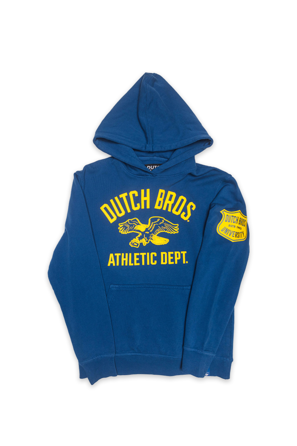 flatlay of blue dutch bros hoodie with dutch bros athletic dept and eagle graphic with shield patch on the sleeve