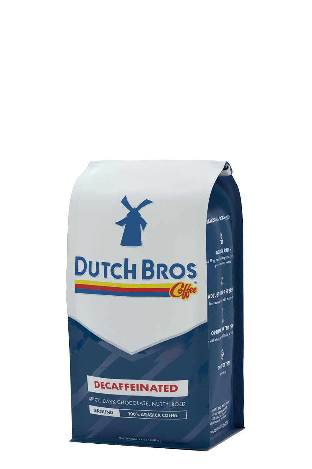 A bag of Dutch Bros Decaffeinated medium roast ground coffee.