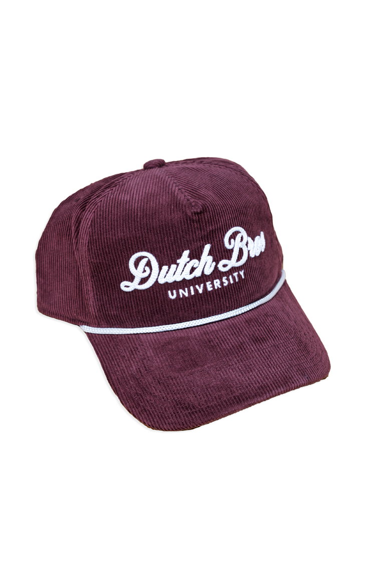A maroon corduroy baseball cap featuring white embroidered text that reads 'Dutch Bros UNIVERSITY' on the front, set against a plain white background.