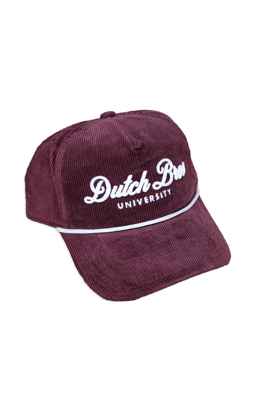 A maroon corduroy baseball cap featuring white embroidered text that reads 'Dutch Bros UNIVERSITY' on the front, set against a plain white background.