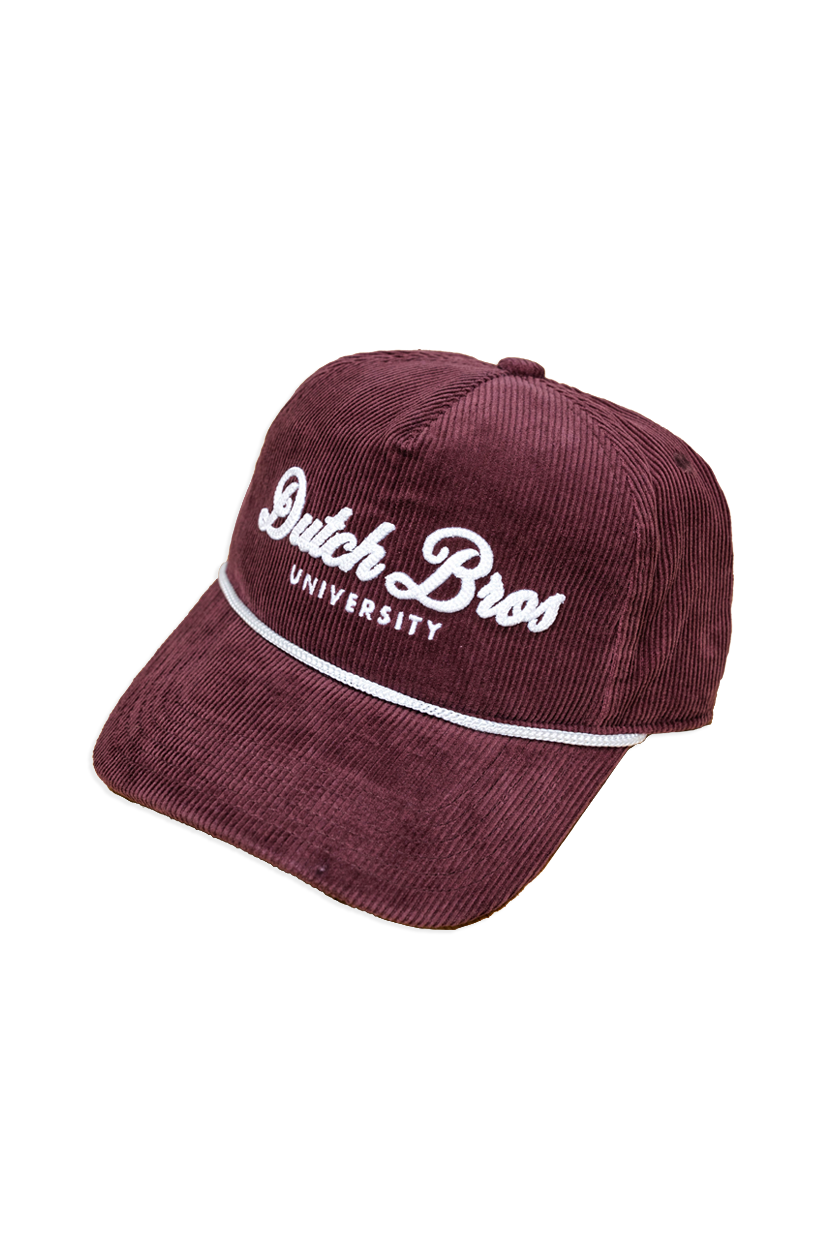 A maroon corduroy baseball cap with white embroidered text reading 'Dutch Bros UNIVERSITY' on the front, set against a plain white background.