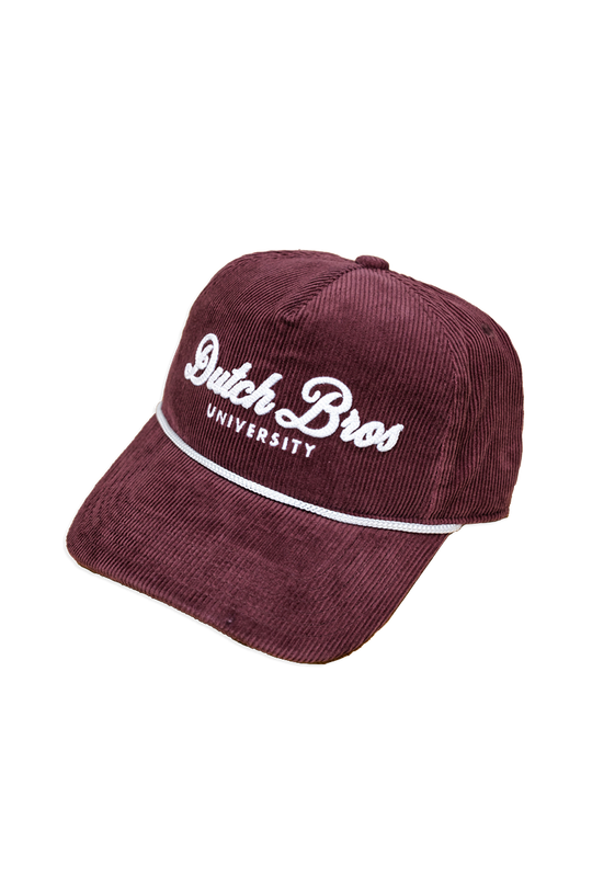 A maroon corduroy baseball cap with white embroidered text reading 'Dutch Bros UNIVERSITY' on the front, set against a plain white background.
