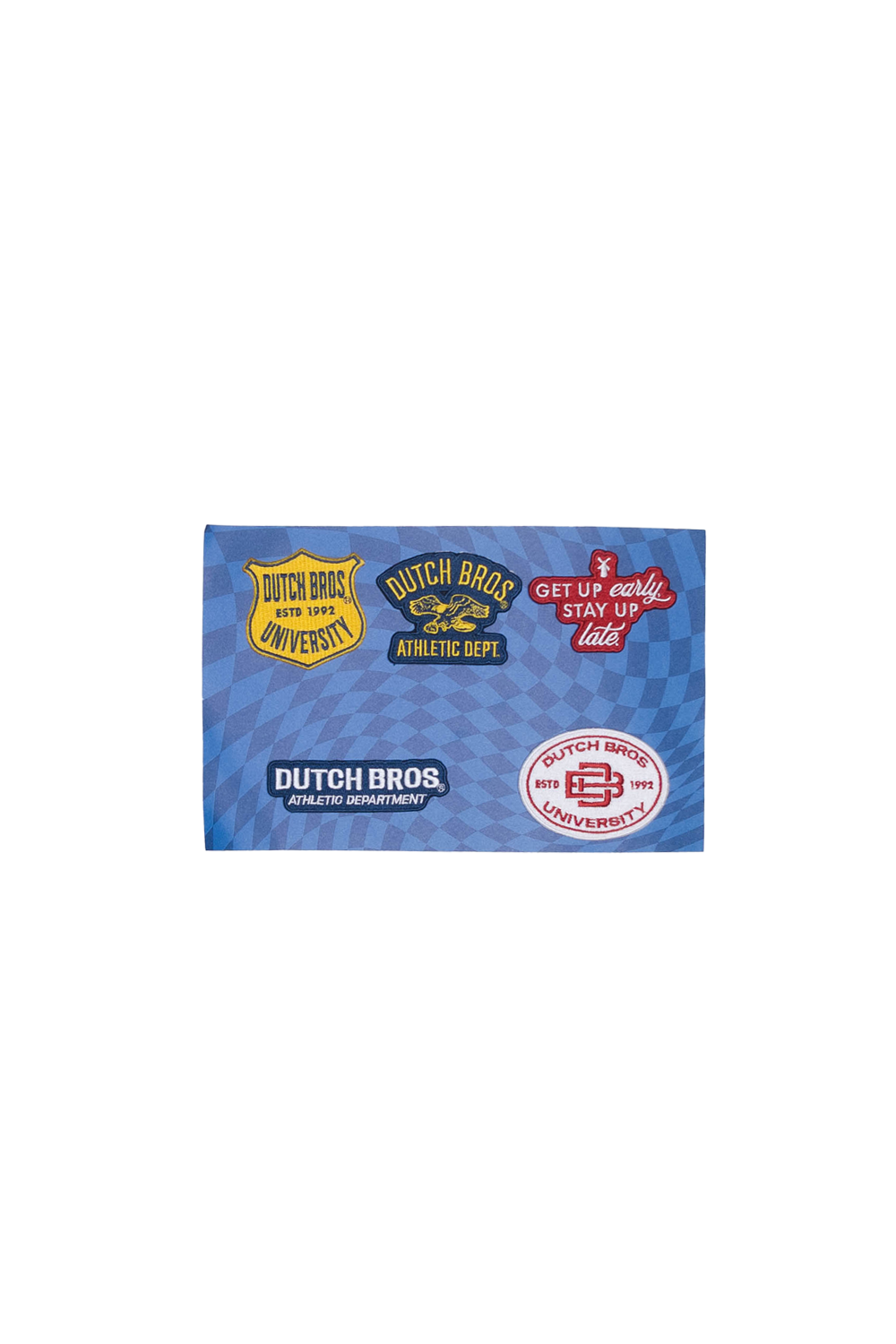 A rectangular blue fabric square featuring multiple Dutch Bros patches 
