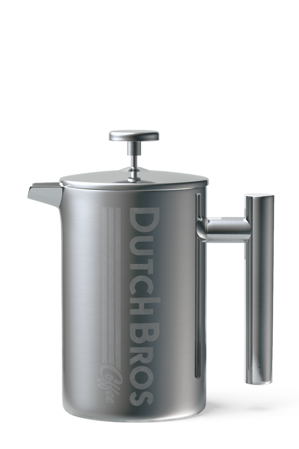 A stainless steel French press with 'Dutch Bros' branding on the side.
